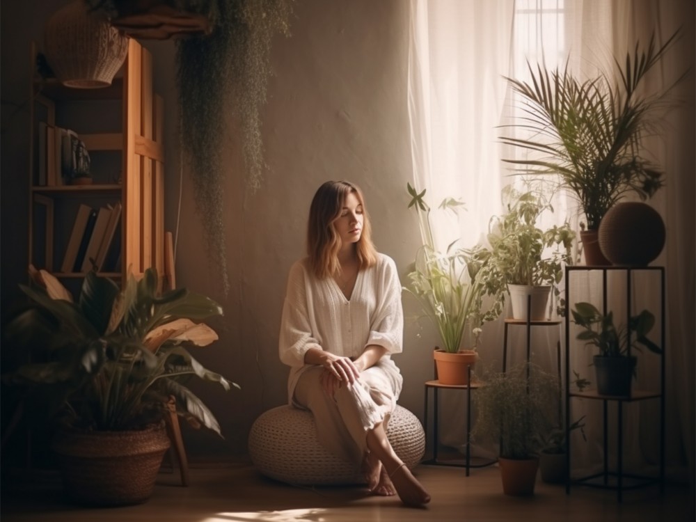 woman sits round cushion dark room with plants windowsill